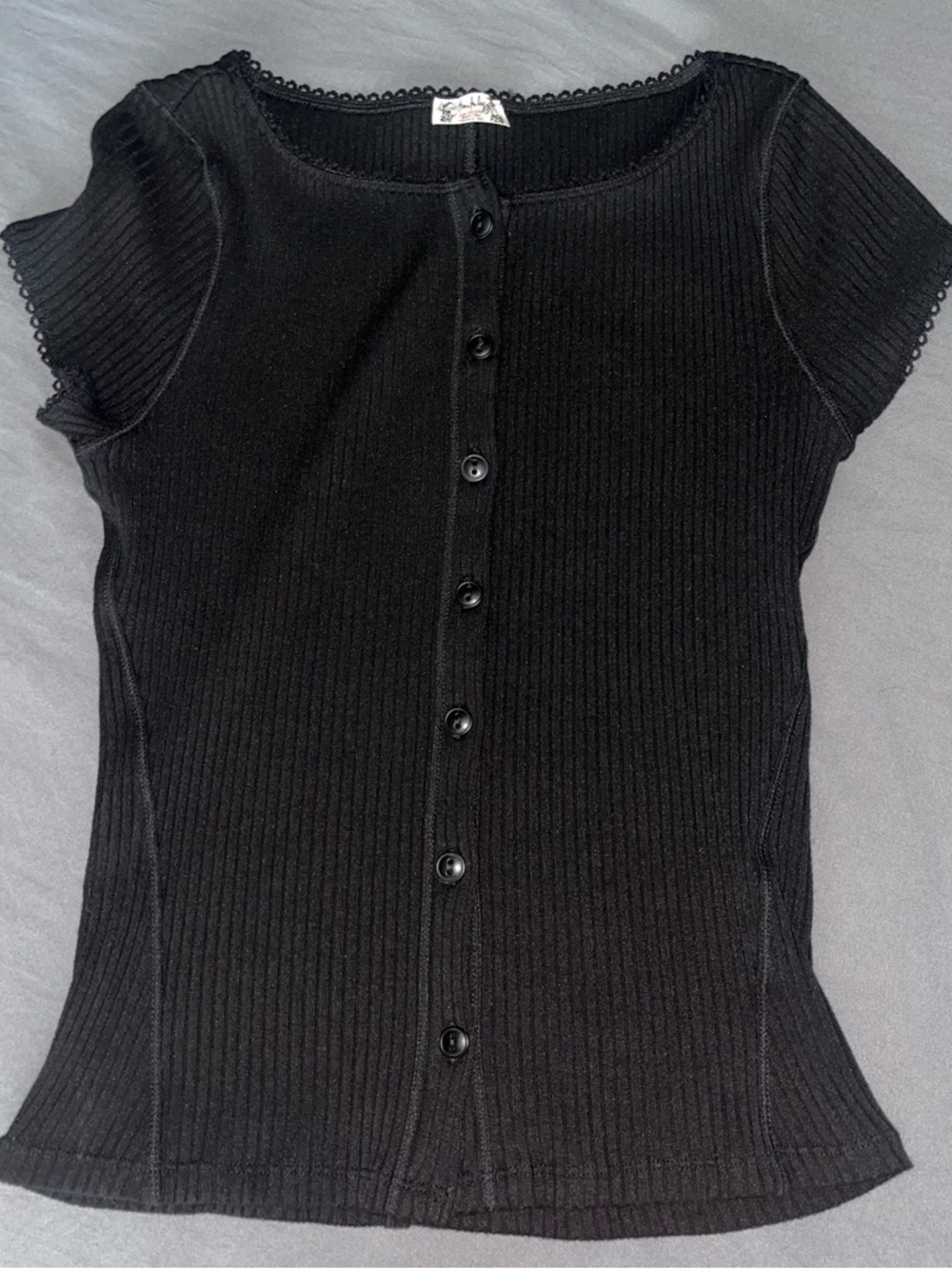Free People Black Ribbed Button-Front Short Sleeve Top